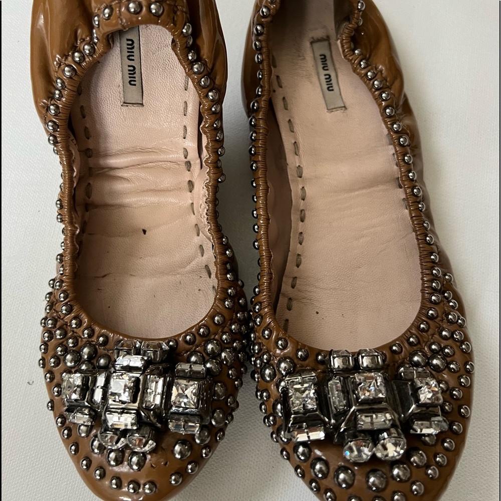 Miu miu ballerina shoes scrunch size 6 flat studs rhinestones